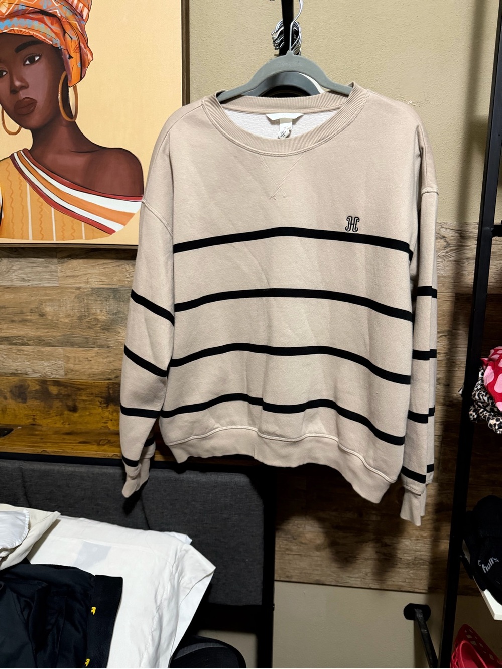 H&M Beige Crewneck Sweater with Black Stripes
